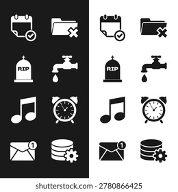 Set Water tap, Tombstone with RIP written, Calendar check mark, Delete folder, Music note, and Alarm clock icon. Vector