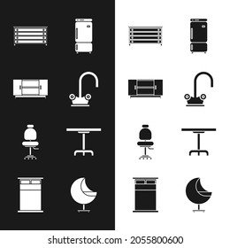 Fijar grifo de agua, soporte de mesa de TV, Cómodo de cajones, Refrigerador, silla de oficina, redonda, sillón e icono de cama grande. Vector
