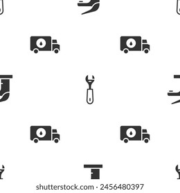 Set Water tap, Wrench spanner and Plumber service car on seamless pattern. Vector