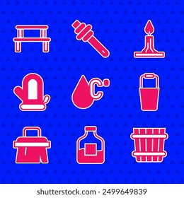 Ajuste la temperatura del agua, botella de vodka, cubo de sauna, cepillo, manopla, vela ardiente e icono de banco de madera. Vector