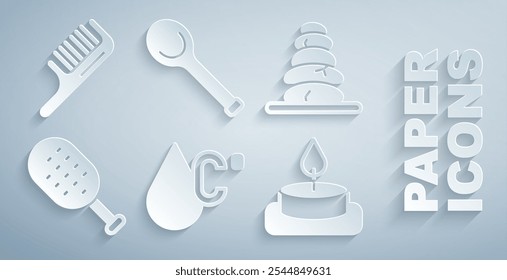 Ajuste la temperatura del agua, apilar piedras calientes, cepillo de sauna, vela de aroma, cucharón e icono de cepillo de pelo. Vector