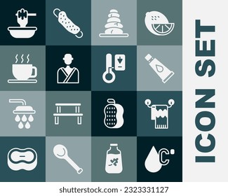 Set Water temperature, Towel on hanger, Cream or lotion cosmetic tube, Stack hot stones, Man in the sauna, Cup of tea, Honey dipper stick with bowl and Sauna thermometer icon. Vector