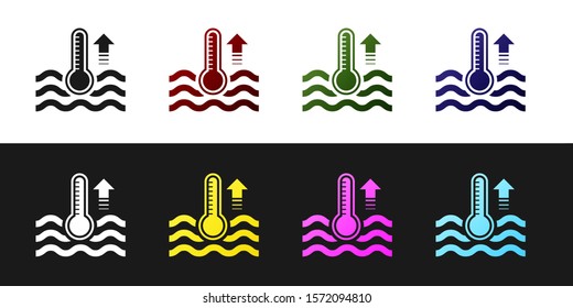 Set Water thermometer measuring heat and cold icon isolated on black and white background. Thermometer equipment showing hot or cold weather.  Vector Illustration