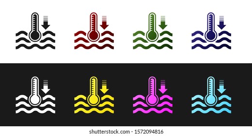 Set Water thermometer measuring heat and cold icon isolated on black and white background. Thermometer equipment showing hot or cold weather.  Vector Illustration