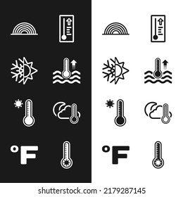Set Water thermometer, Sun and snowflake, Rainbow, Meteorology, Thermometer cloud, moon,  and Fahrenheit icon. Vector