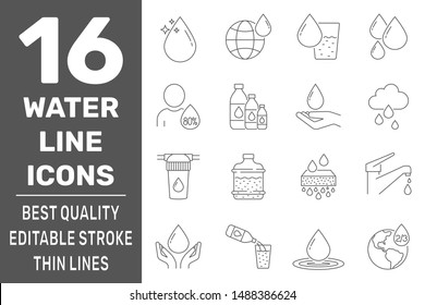 Set of water in thin line style. High quality black outline drop symbols for web site design and mobile apps. Simple water pictograms on white background. Editable Stroke. EPS 10