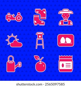 Set Water tower, Apple, Pack full of seeds of plant, Chicken egg, Watering can, Sun and cloud weather, Farmer hat and Tractor icon. Vector