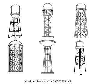 Set of water tower. Collection of various water storage tanks. Industrial construction with water. High of metal construction for aqua resources. Vector illustration on white background.
