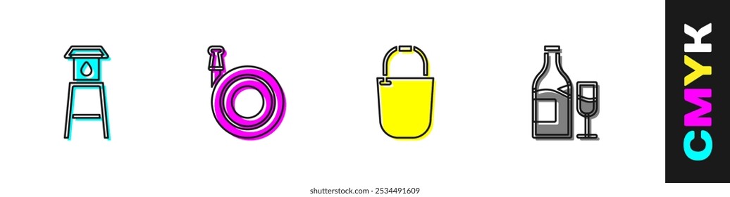 Set Water tower, Garden hose, Bucket and Wine bottle with glass icon. Vector