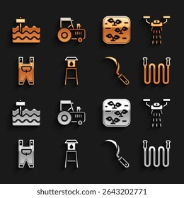 Set Water tower, Smart farm with drone, Garden hose, Sickle, worker clothes, Plant, bed and Tractor icon. Vector