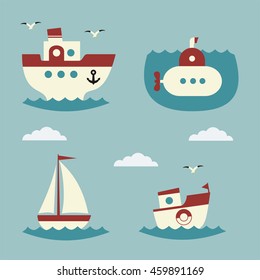 Set of water transport in children style.