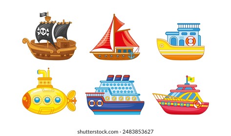 Set of water transport in children's cartoon style on a white background.