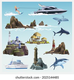 Set with water transport, cruise ship, sharks,tropical island,lighthouse towers,old airplane model, girls on rest, modern yacht, girl water skiing. Collection with journey elements