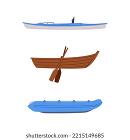 Set of water transport. Side view of life raft, catamaran and wooden rowboat cartoon vector illustration