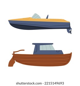 Set of water transport. Side view of schooner and motorboat cartoon vector illustration