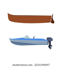 Set of water transport. Side view of motorboat and wooden boat cartoon vector illustration