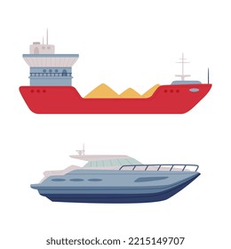 Set of water transport. Side view of freighter ship and yacht cartoon vector illustration