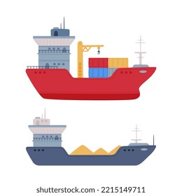 Set of water transport. Side view of cargo ship and ferry boat cartoon vector illustration