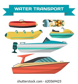 Set of water vehicles for riding on the beach. Motor boats, scooters jet, surfboards, banana and tube. Sea and river transportation. Isolated on white background