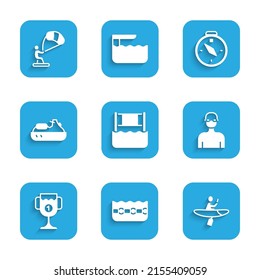Set Water volleyball net, Swimming pool, Kayak and paddle, Swimmer, Award cup, Jet ski, Compass and Kitesurfing icon. Vector