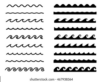 Set of water wave icons, seamless wave pattern set 