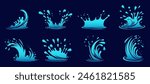 Set of water wave splashes, falling aqua drops, sea or ocean waves. Blue water motion effects shape isolated on background, vector cartoon set