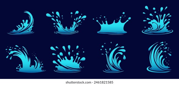 Conjunto de salpicaduras de olas de agua, caídas de gotas de agua, olas de mar u océano. Forma de los efectos del movimiento del agua azul aislada en el fondo, conjunto de dibujos animados del Vector