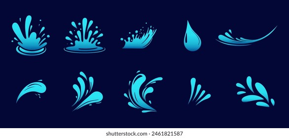 Set of water wave splashes, falling aqua drops, sea or ocean waves. Blue water motion effects shape isolated on background, vector cartoon set