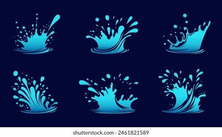 Set of water wave splashes, falling aqua drops, sea or ocean waves. Blue water motion effects shape isolated on background, vector cartoon set