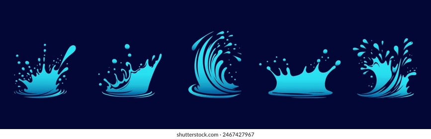 Set of water wave splashes, falling aqua drops, sea or ocean waves. Blue water motion effects shape isolated