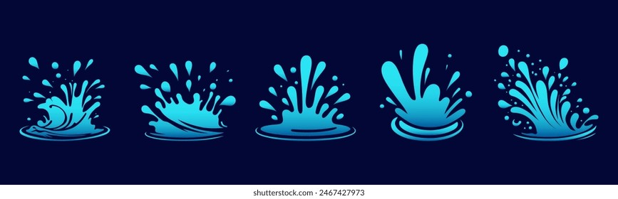 Set of water wave splashes, falling aqua drops, sea or ocean waves. Blue water motion effects shape isolated