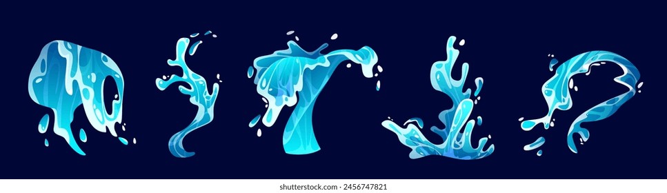 Conjunto de salpicaduras de onda de agua aislado en el fondo. Ilustración de dibujos animados de Vector de mar azul, derrame de líquido oceánico con gotas, efecto de movimiento de surf, arroyo fuente, Elementos de diseño de aventura de natación