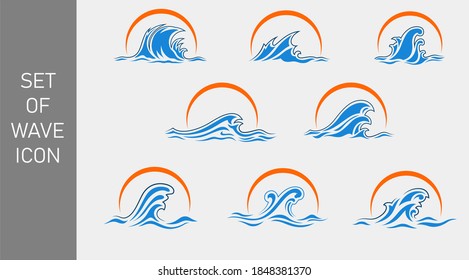 Conjunto de imágenes de clip de icono de ola de agua maremoto vector con elemento solar
