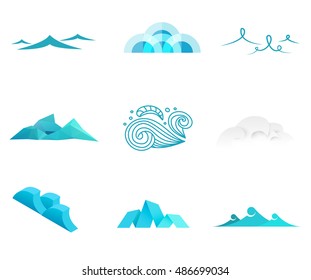 Set of water wave in various styles on white background. Vector illustration in flat, realistic, tribal, geometric, cartoon, isometric, polygonal, paper style.