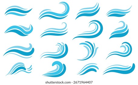 Set of water waves in flat cartoon style. Ocean and sea elements for summer and beach, marine themes and digital projects, kids design, and decorative creative artworks.