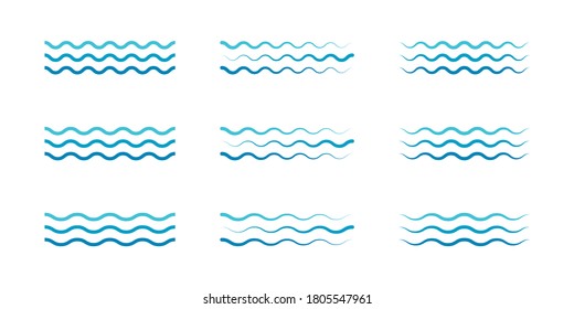 Set of Water Waves Icons. Blue Horizontal Zigzag Lines isolated on White Background. Flat Vector Icon Design Template Elements