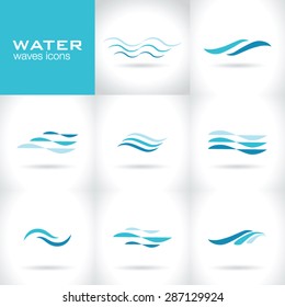 Set of water waves icons, vector light blue design