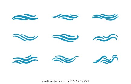 Conjunto de ondas de agua. Salpicaduras de líquidos, Elementos de flujo oceánico marino, curvy náutico aislado sobre fondo blanco