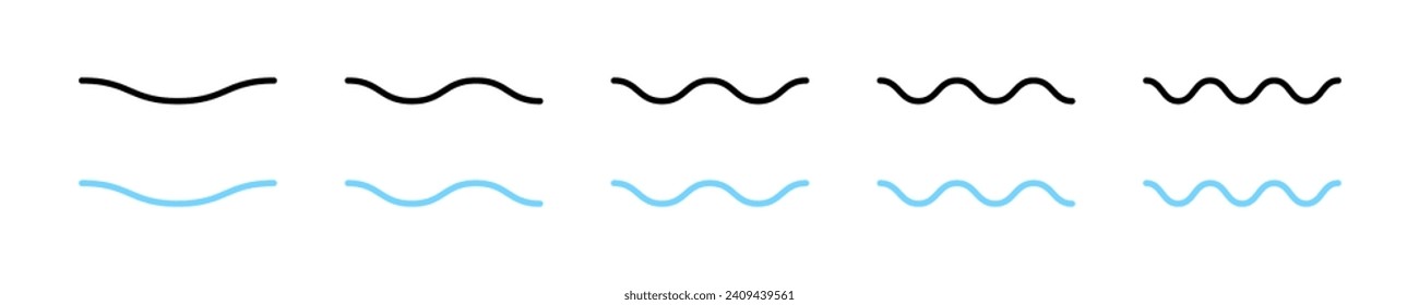 Conjunto de iconos vectoriales de ondas de agua. Olas azules y negras de mar o océano.