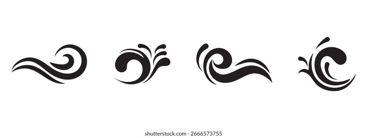 Wasserwellen, Vektorgrafik. Blaue Wellensymbole in verschiedenen Formen und Stilen. Vektorcartoon-Illustration, Meereswasser-Logo.
