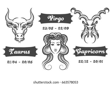 Set of Water Zodiac signs. Virgo Taurus and Capricorn drawn in engraving style. Vector illustration.