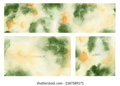 Set of watercolor abstract backgrounds, textures. Soft natural shades, beige, green, yellow, white colors. Marble imitation. Design for card, invitation, cover.