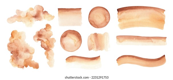 Conjunto de formas abstractas de acuarela, trazos de pincel, círculos, lavados, texturas. Decoración beige, amarilla y naranja.