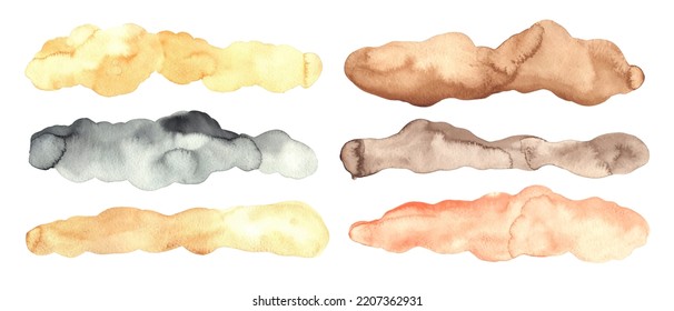 Set of watercolor abstract forms, washes, stains. Yellow, brown, beige, grey colorful backgrounds, textures.