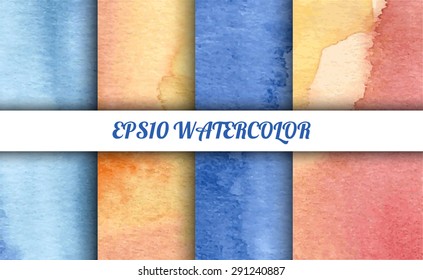 Set of watercolor abstract gradient backgrounds. Vector backgrounds in summer or winter mood colors: shades of blue, pink and yellow. Handmade backgrounds for cards, banners, invitations, and menus. 