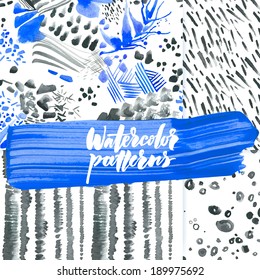 Set of watercolor abstract patterns. Blue and black.