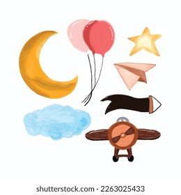 Set of watercolor airplane decoration isolated on whit background