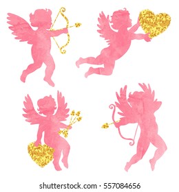 Set of watercolor angels. Cute cupids silhouettes. Valentines Day design. Vector illustration. 