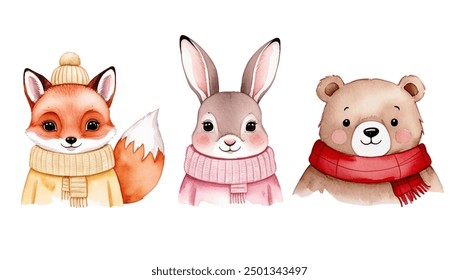 Conjunto de animales de acuarela en ropa de invierno. Animales del bosque con ropa de abrigo. Oso de acuarela, zorro, liebre.