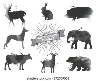 Set Of Watercolor Animals.Black And White Vector Illustration